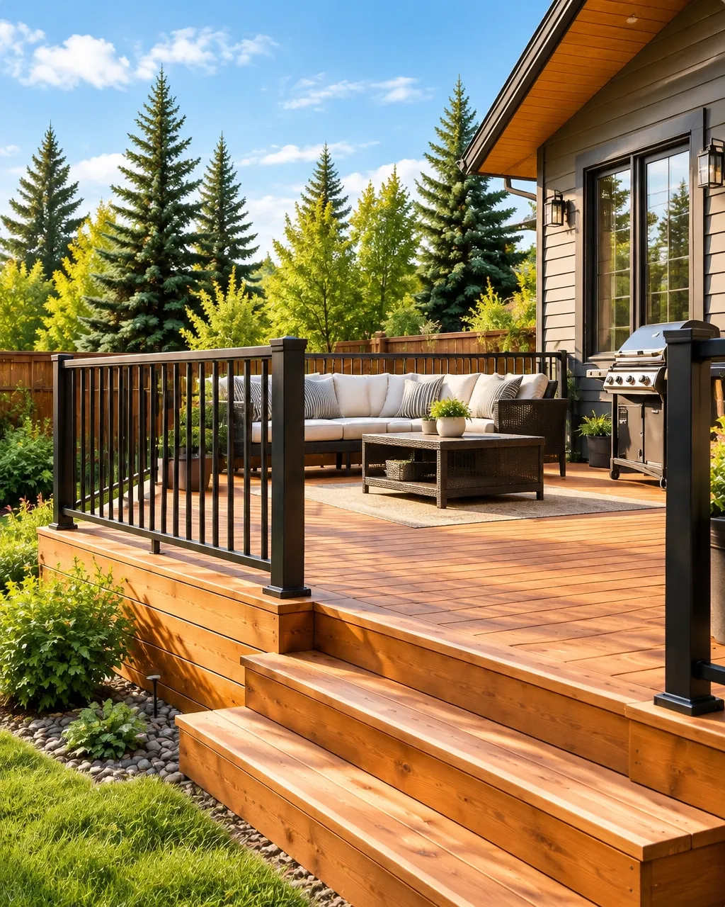 New cedar deck with clean, detailed boards