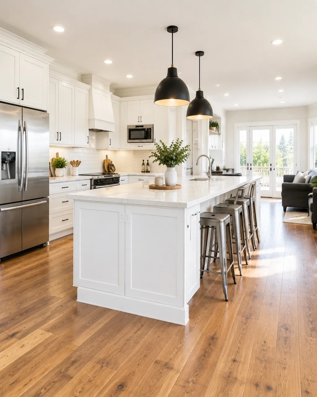 Bright, renovated white kitchen with island